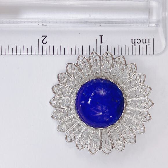Mid Century Filigree Brooch Silver Tone Domed Blue Glass Cabochon Floral Pin - Picture 9 of 9